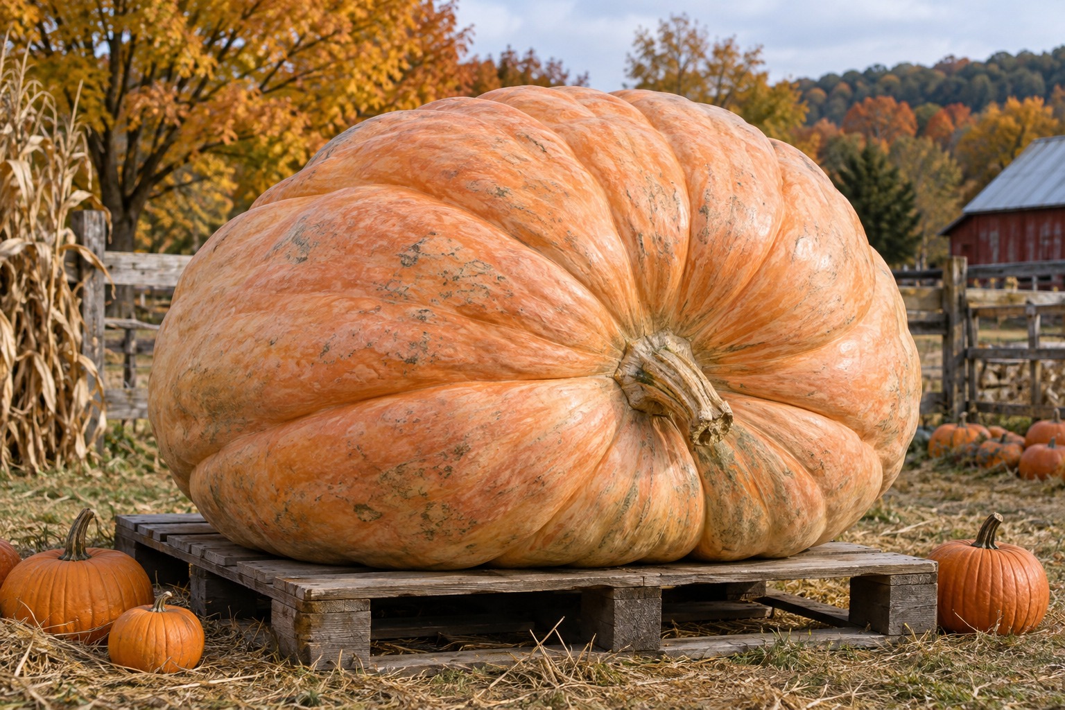 An oversized pale orange pumpkin on a wooden pallet at a farm in autumn.